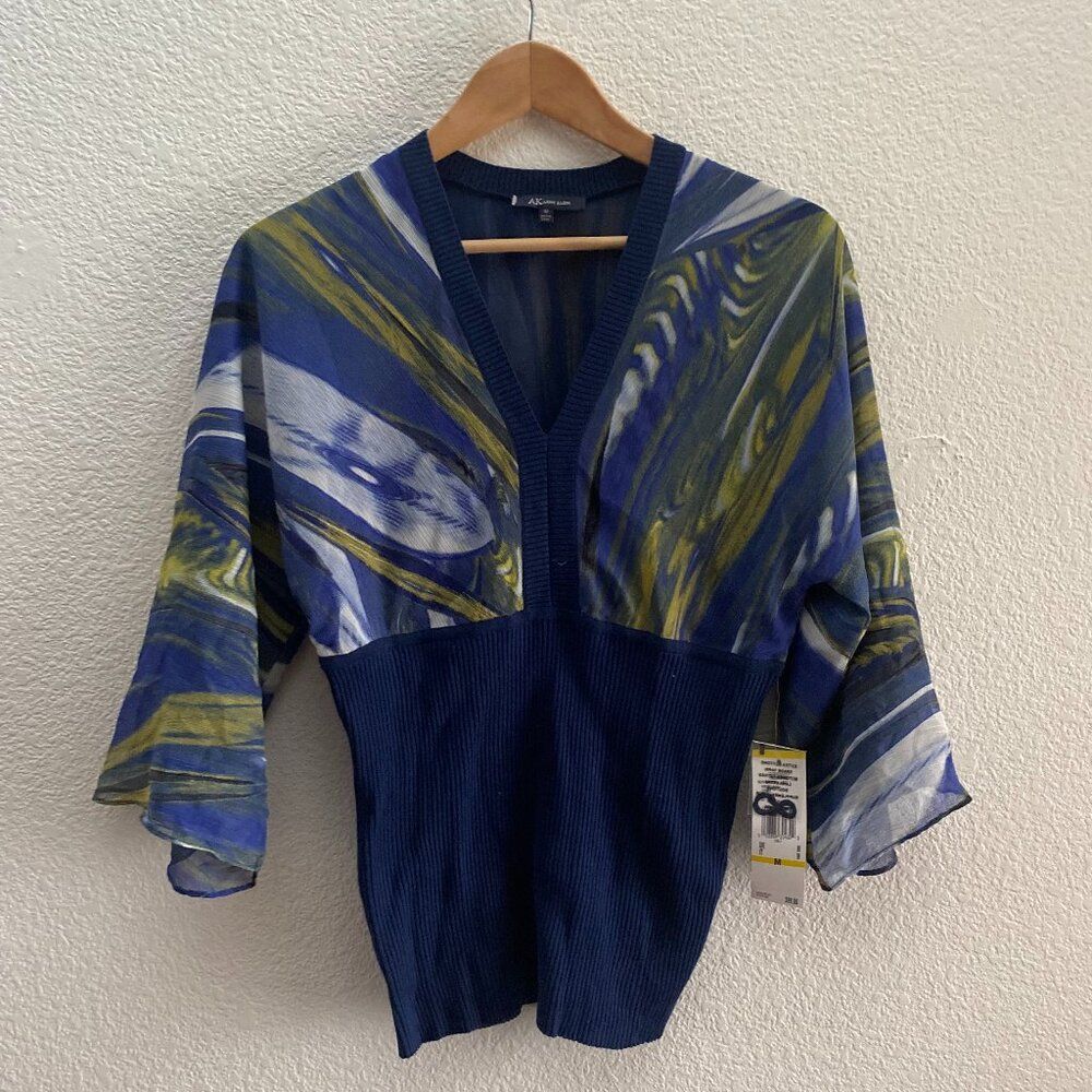 Anne Klein 1/2 Sheer Sleeves Ribbed Detail Pullover Shirt Top Blouse Work Medium